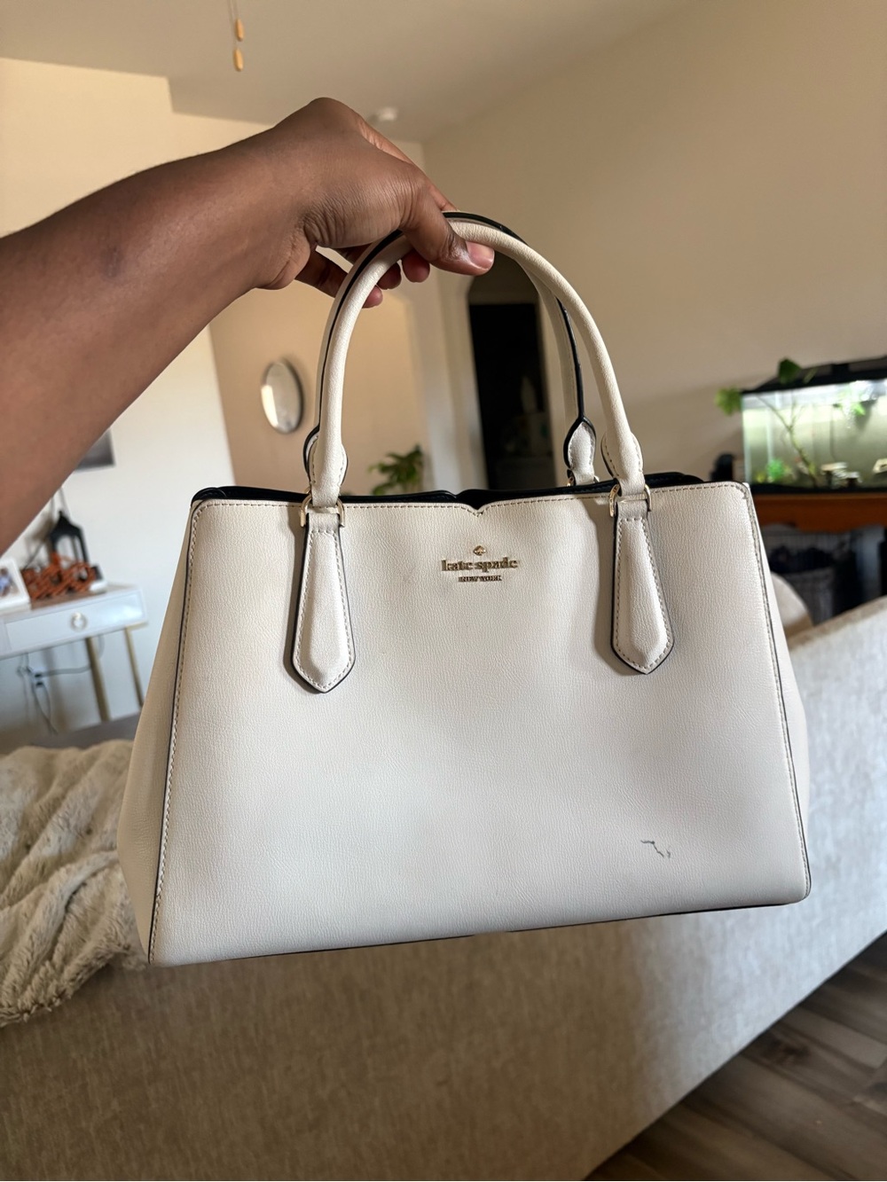 kate spade Cream Pebbled Leather Satchel with Gold Logo